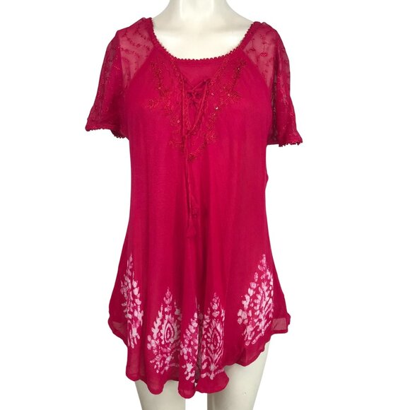 SAKKAS - WOMEN'S FREE SIZE -RED 100% RAYON EMBROIDERED PULL OVER TOP - Picture 1 of 7